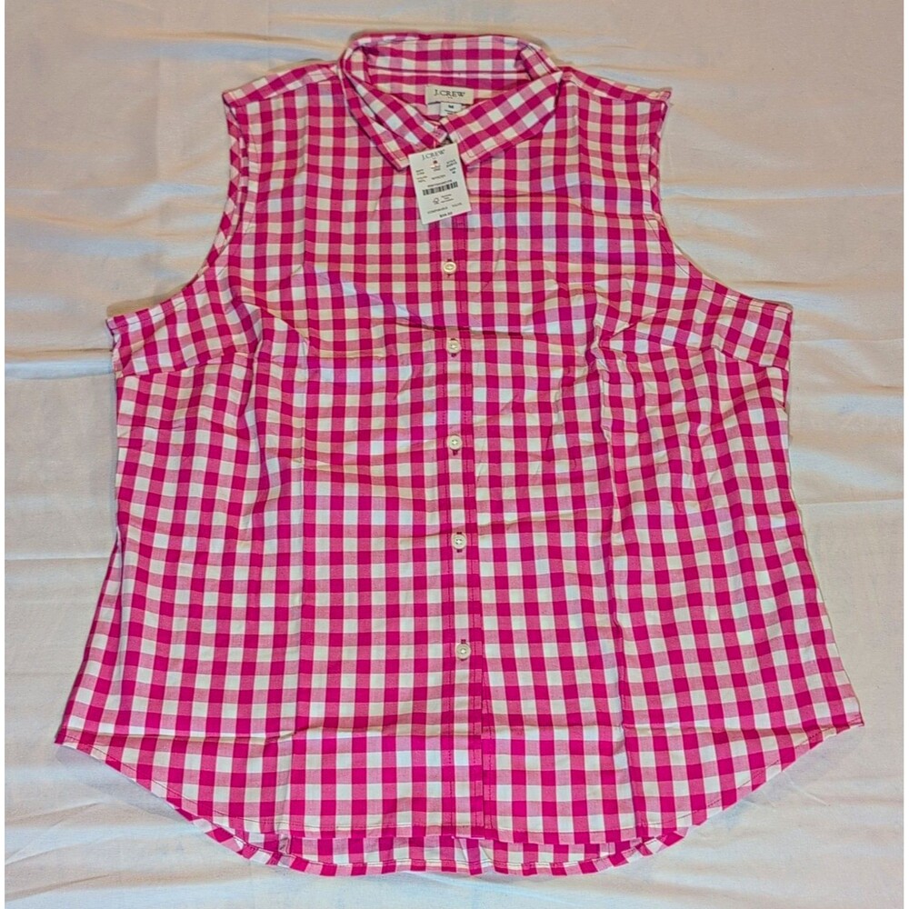 J.CREW Womens Blouse Size M Pink White Check Cotton Woven Sleeveless Button